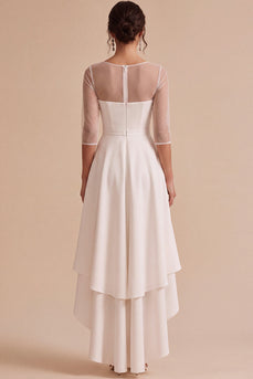 Weißes A-Linie Standesamt Kleid mit hohem Illusionsausschnitt und asymmetrischem Saum und 3/4 Ärmeln