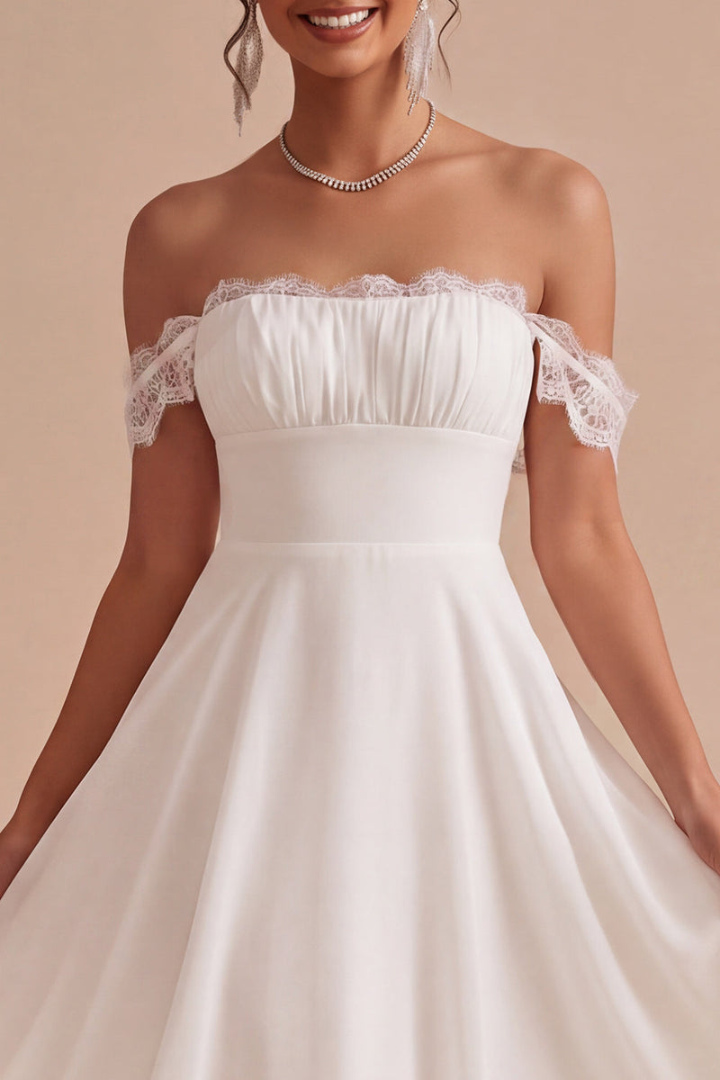 Laden Sie das Bild in den Galerie-Viewer, Off-the-shoulder A-Linie, gerafftes Midi-Kleines weißes Kleid mit Spitze