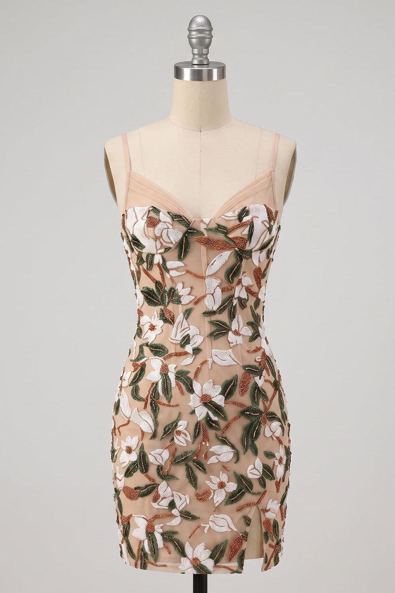 Laden Sie das Bild in den Galerie-Viewer, Helles Khaki-Korsett Bodycon Sweetheart Kurzes Homecoming-Kleid mit seitlichem Schlitz