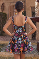 Laden Sie das Bild in den Galerie-Viewer, Schwarzes A-Line-Sweetheart-Blumen-Kurz-Homecoming-Kleid