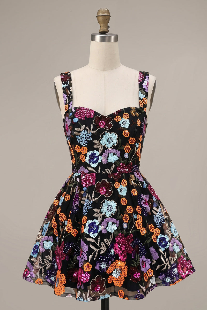 Laden Sie das Bild in den Galerie-Viewer, Schwarzes A-Line-Sweetheart-Blumen-Kurz-Homecoming-Kleid