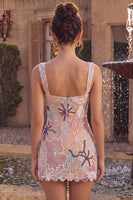 Laden Sie das Bild in den Galerie-Viewer, Rosa Korsett-Bodycon Mini-Homecoming-Kleid mit quadratem Ausschnitt und Applikationen