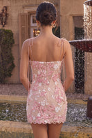 Laden Sie das Bild in den Galerie-Viewer, Rosa Korsett-Scheiden-Spaghettiträger Kurzes Homecoming-Kleid mit Applikationen