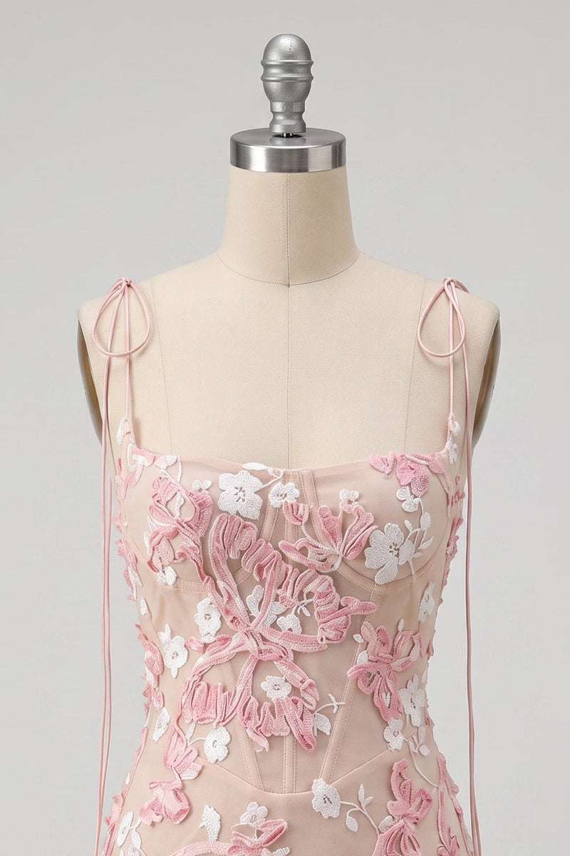 Laden Sie das Bild in den Galerie-Viewer, Rosa Korsett-Scheiden-Spaghettiträger Kurzes Homecoming-Kleid mit Applikationen