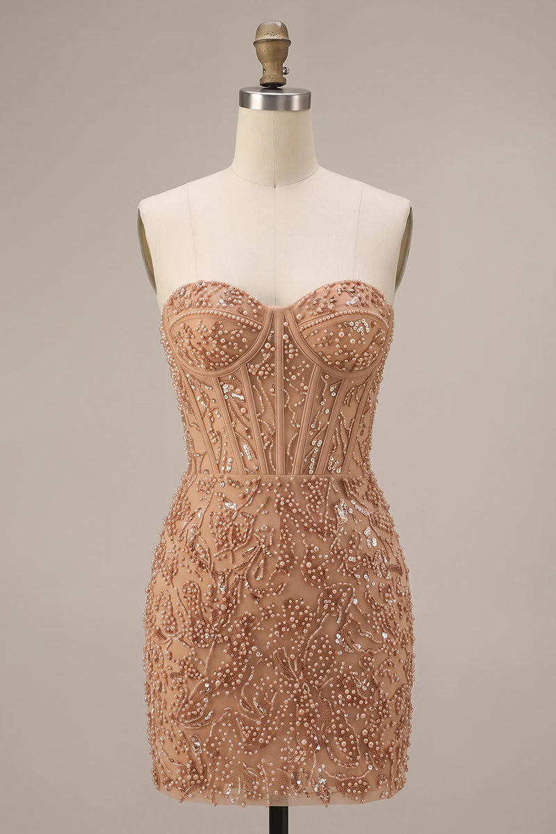 Laden Sie das Bild in den Galerie-Viewer, Champagne Bodycon Perlenkorsett Trägerloses, perlenbesetztes kurzes Homecoming-Kleid