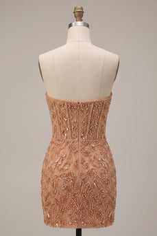 Champagne Bodycon Perlen Korsett Trägerloses Perlenbesetztes Kurzes Abendkleid