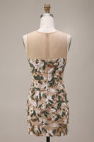 Laden Sie das Bild in den Galerie-Viewer, Helles Khaki-Korsett, Illusion-Hals, Pailletten, geblümtes kurzes Homecoming-Kleid mit seitlichem Schlitz