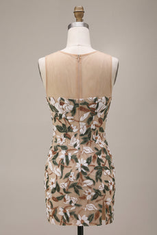 Helles Khaki Korsett Illusion-Hals Pailletten Geblümtes Kurzes Abendkleid mit seitlichem Schlitz