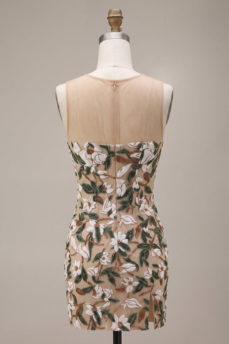 Laden Sie das Bild in den Galerie-Viewer, Helles Khaki-Korsett, Illusion-Hals, Pailletten, geblümtes kurzes Homecoming-Kleid mit seitlichem Schlitz