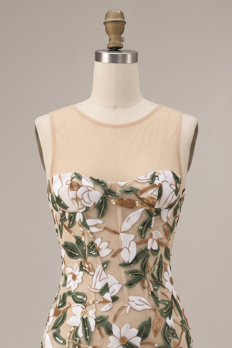 Laden Sie das Bild in den Galerie-Viewer, Helles Khaki-Korsett, Illusion-Hals, Pailletten, geblümtes kurzes Homecoming-Kleid mit seitlichem Schlitz