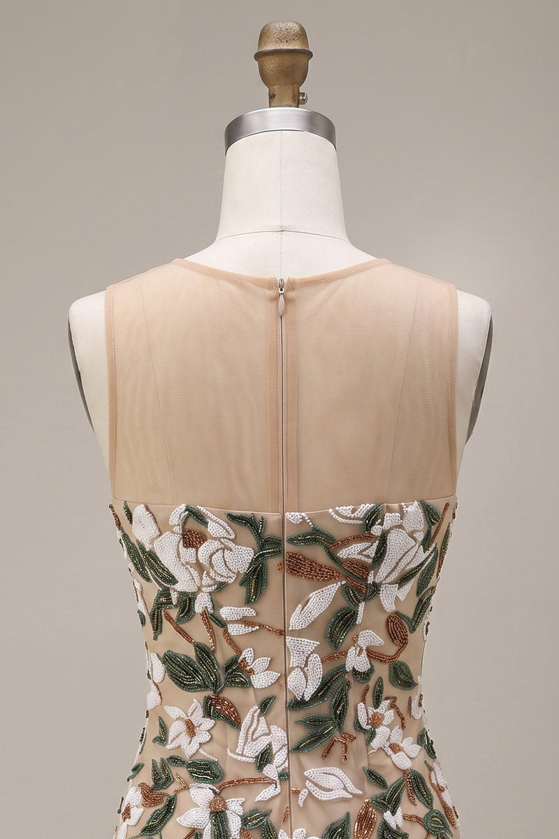 Laden Sie das Bild in den Galerie-Viewer, Helles Khaki-Korsett, Illusion-Hals, Pailletten, geblümtes kurzes Homecoming-Kleid mit seitlichem Schlitz