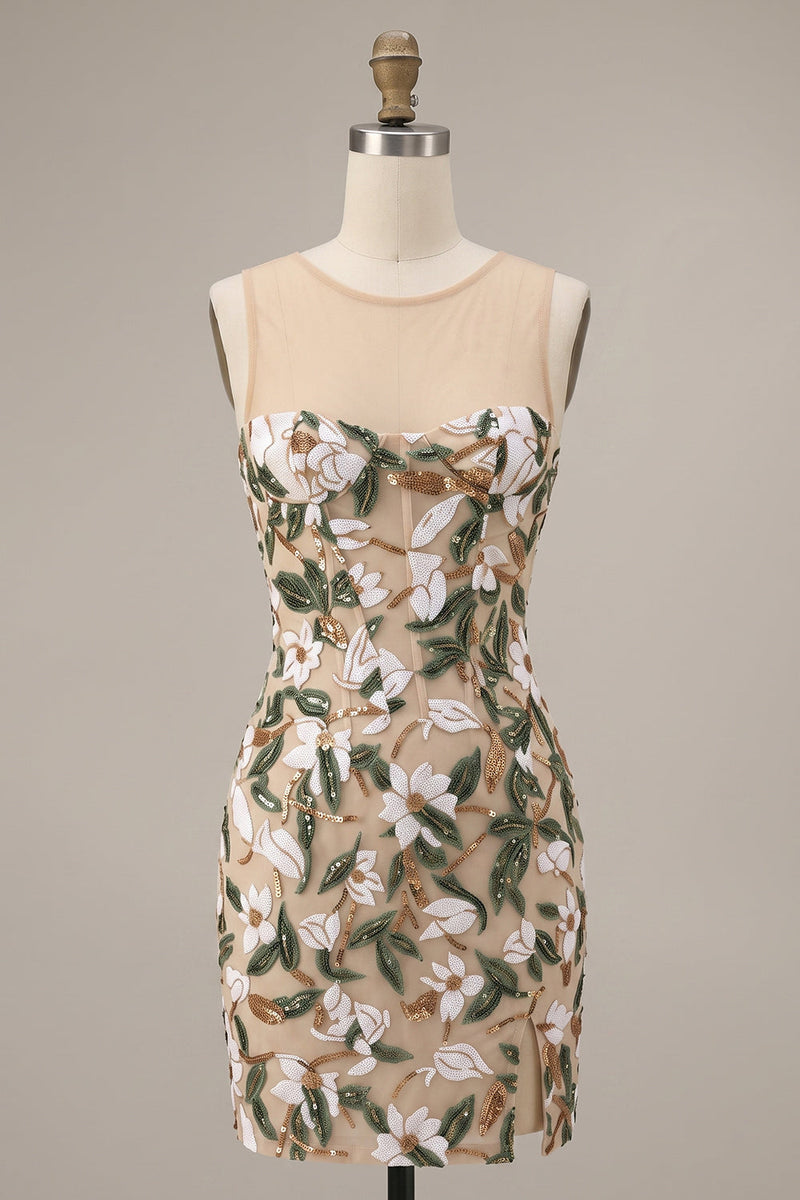 Laden Sie das Bild in den Galerie-Viewer, Helles Khaki-Korsett, Illusion-Hals, Pailletten, geblümtes kurzes Homecoming-Kleid mit seitlichem Schlitz