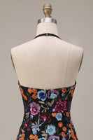 Laden Sie das Bild in den Galerie-Viewer, Schwarzes Bodycon Neckholder, rückenloses Blumenmuster mit kurzem Homecoming-Kleid mit Pailletten
