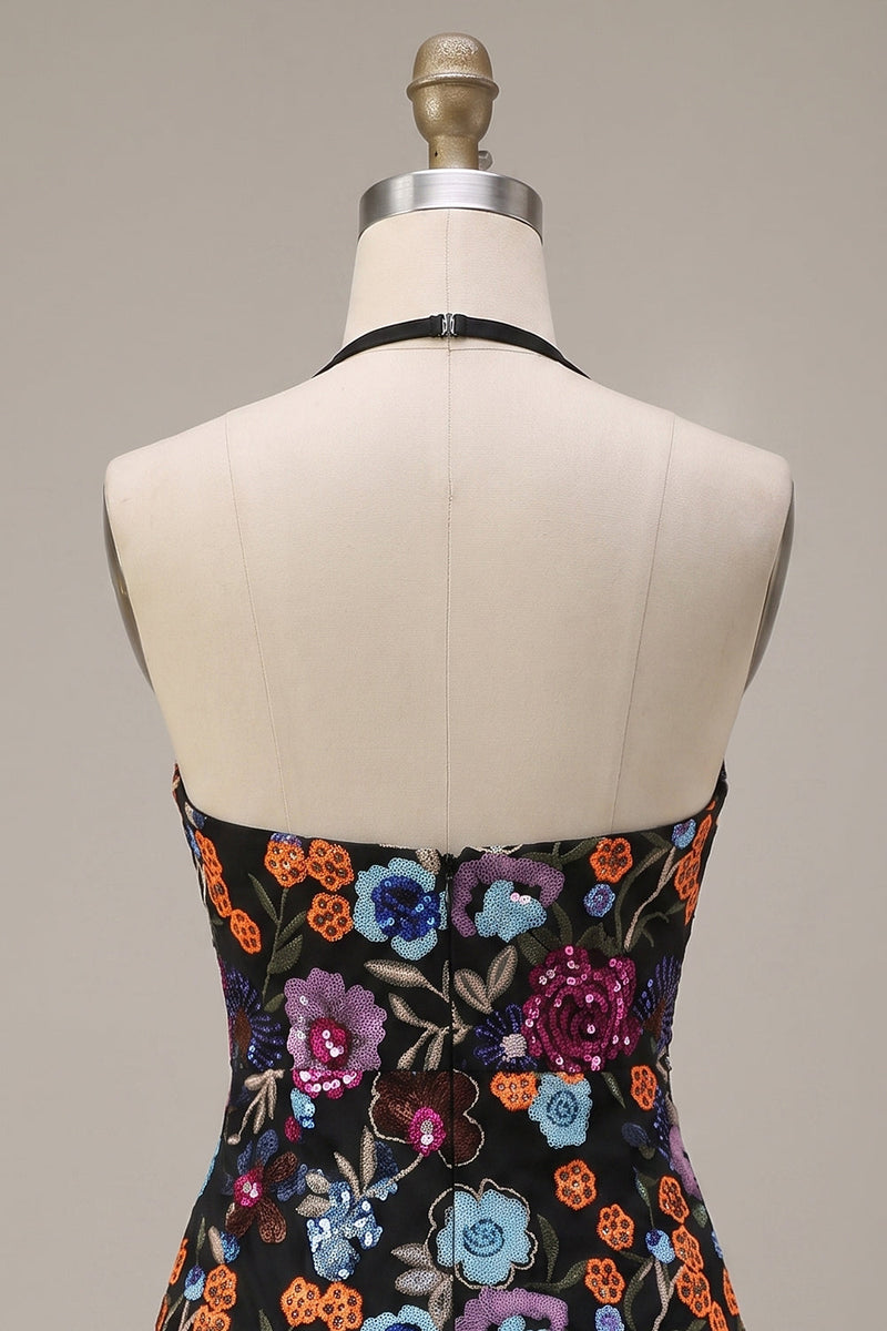 Laden Sie das Bild in den Galerie-Viewer, Schwarzes Bodycon Neckholder, rückenloses Blumenmuster mit kurzem Homecoming-Kleid mit Pailletten