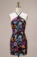 Laden Sie das Bild in den Galerie-Viewer, Schwarzes Bodycon Neckholder, rückenloses Blumenmuster mit kurzem Homecoming-Kleid mit Pailletten