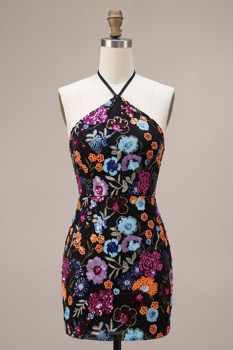 Laden Sie das Bild in den Galerie-Viewer, Schwarzes Bodycon Neckholder, rückenloses Blumenmuster mit kurzem Homecoming-Kleid mit Pailletten