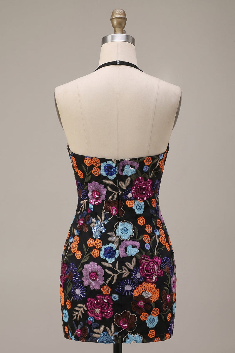 Laden Sie das Bild in den Galerie-Viewer, Schwarzes Bodycon Neckholder, rückenloses Blumenmuster mit kurzem Homecoming-Kleid mit Pailletten