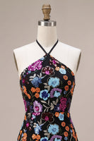 Laden Sie das Bild in den Galerie-Viewer, Schwarzes Bodycon Neckholder, rückenloses Blumenmuster mit kurzem Homecoming-Kleid mit Pailletten