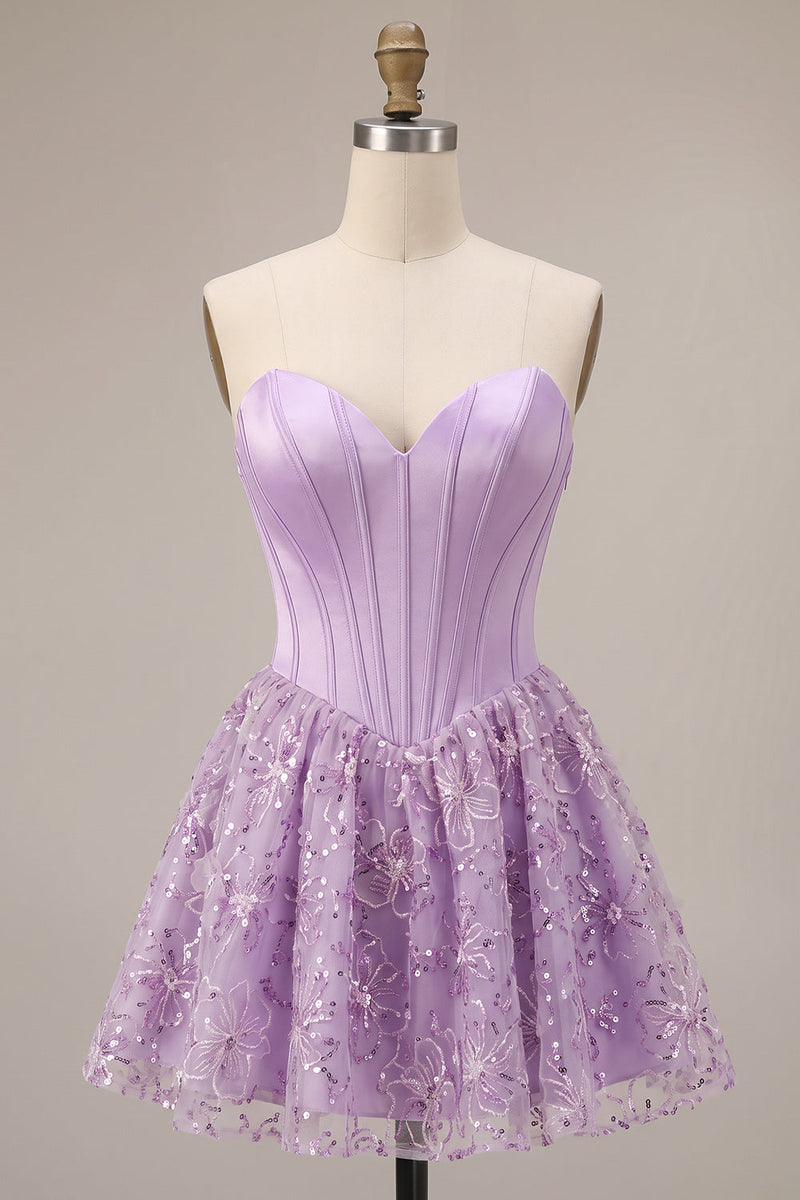 Laden Sie das Bild in den Galerie-Viewer, Fliederfarbene Korsett-Pailletten Appliquen Satin A-Linie trägerloses kurzes Homecoming-Kleid