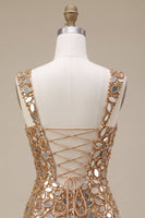 Laden Sie das Bild in den Galerie-Viewer, Goldene Spiegelpailletten, Tüll-Bodycon, dicke Träger, kurzes Homecoming-Kleid mit seitlichem Schlitz