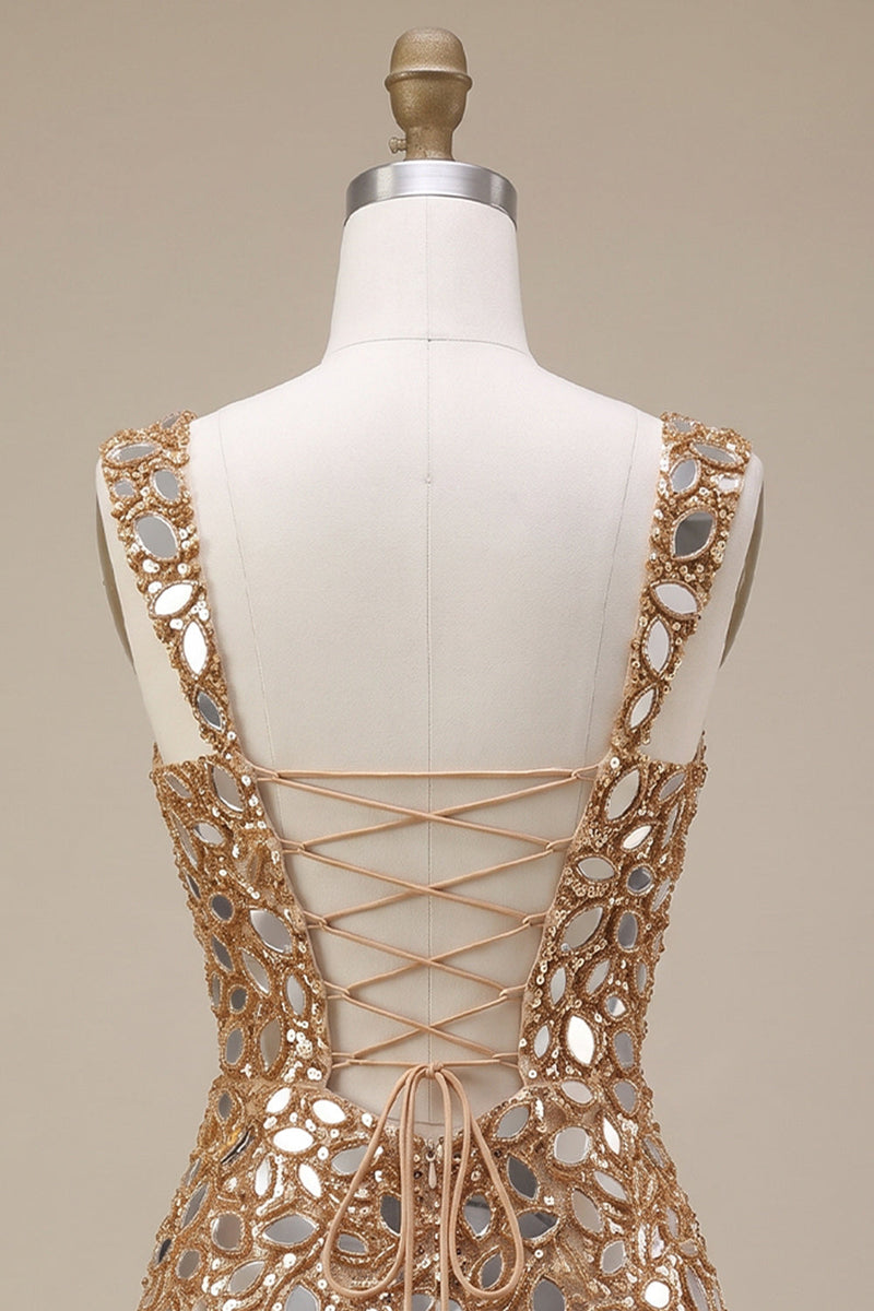 Laden Sie das Bild in den Galerie-Viewer, Goldene Spiegelpailletten, Tüll-Bodycon, dicke Träger, kurzes Homecoming-Kleid mit seitlichem Schlitz