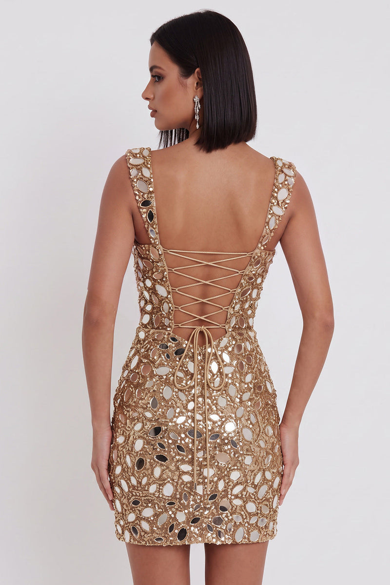 Laden Sie das Bild in den Galerie-Viewer, Goldene Spiegelpailletten, Tüll-Bodycon, dicke Träger, kurzes Homecoming-Kleid mit seitlichem Schlitz