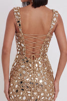Laden Sie das Bild in den Galerie-Viewer, Goldene Spiegelpailletten, Tüll-Bodycon, dicke Träger, kurzes Homecoming-Kleid mit seitlichem Schlitz