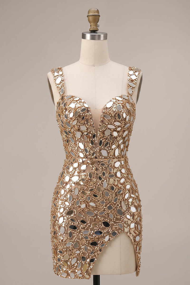 Laden Sie das Bild in den Galerie-Viewer, Goldene Spiegelpailletten, Tüll-Bodycon, dicke Träger, kurzes Homecoming-Kleid mit seitlichem Schlitz