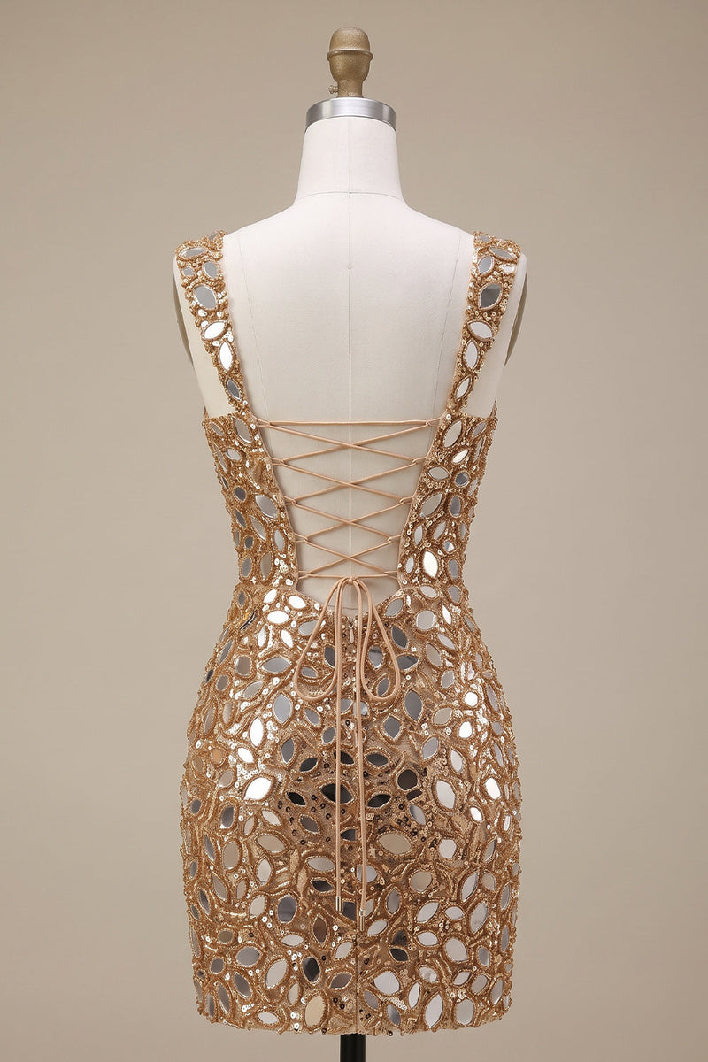 Laden Sie das Bild in den Galerie-Viewer, Goldene Spiegelpailletten, Tüll-Bodycon, dicke Träger, kurzes Homecoming-Kleid mit seitlichem Schlitz