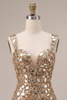 Laden Sie das Bild in den Galerie-Viewer, Goldene Spiegelpailletten, Tüll-Bodycon, dicke Träger, kurzes Homecoming-Kleid mit seitlichem Schlitz