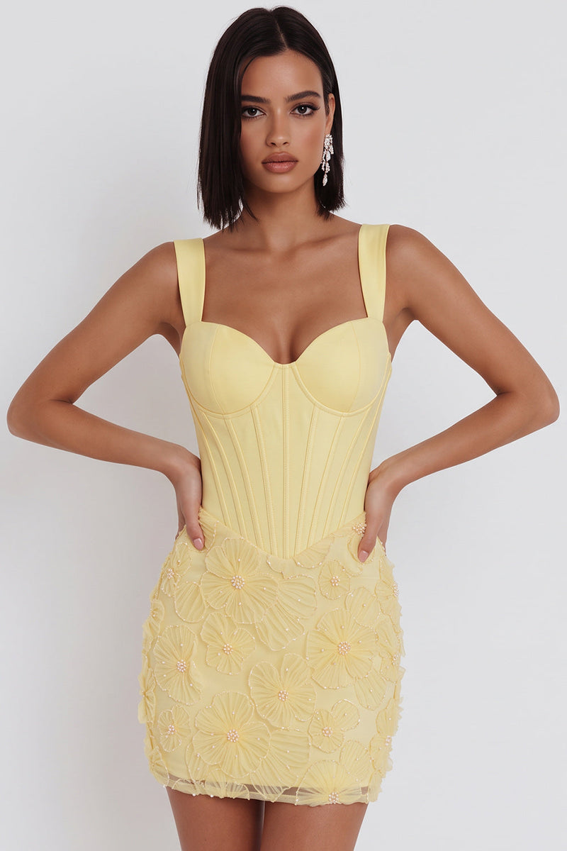 Laden Sie das Bild in den Galerie-Viewer, Hellgelbes Korsett, Perlen, Blumenapplikationen, dicke Träger, Bodycon, kurzes Homecoming-Kleid