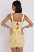 Laden Sie das Bild in den Galerie-Viewer, Hellgelbes Korsett, Perlen, Blumenapplikationen, dicke Träger, Bodycon, kurzes Homecoming-Kleid