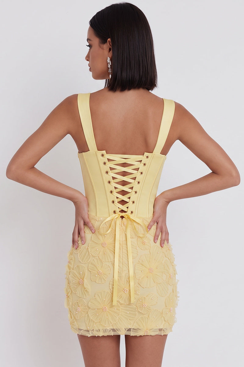 Laden Sie das Bild in den Galerie-Viewer, Hellgelbes Korsett, Perlen, Blumenapplikationen, dicke Träger, Bodycon, kurzes Homecoming-Kleid