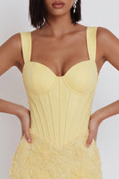 Laden Sie das Bild in den Galerie-Viewer, Hellgelbes Korsett, Perlen, Blumenapplikationen, dicke Träger, Bodycon, kurzes Homecoming-Kleid