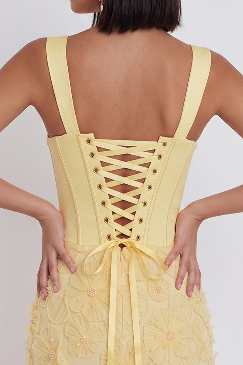 Laden Sie das Bild in den Galerie-Viewer, Hellgelbes Korsett, Perlen, Blumenapplikationen, dicke Träger, Bodycon, kurzes Homecoming-Kleid