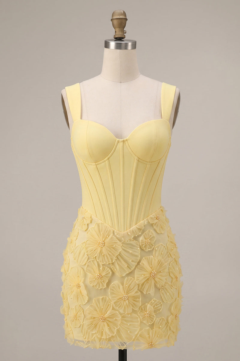 Laden Sie das Bild in den Galerie-Viewer, Hellgelbes Korsett, Perlen, Blumenapplikationen, dicke Träger, Bodycon, kurzes Homecoming-Kleid