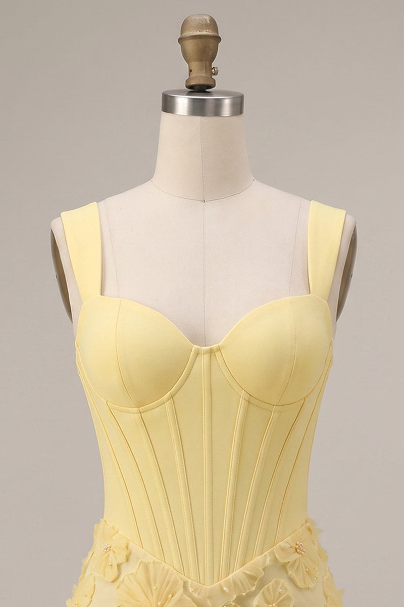 Laden Sie das Bild in den Galerie-Viewer, Hellgelbes Korsett, Perlen, Blumenapplikationen, dicke Träger, Bodycon, kurzes Homecoming-Kleid