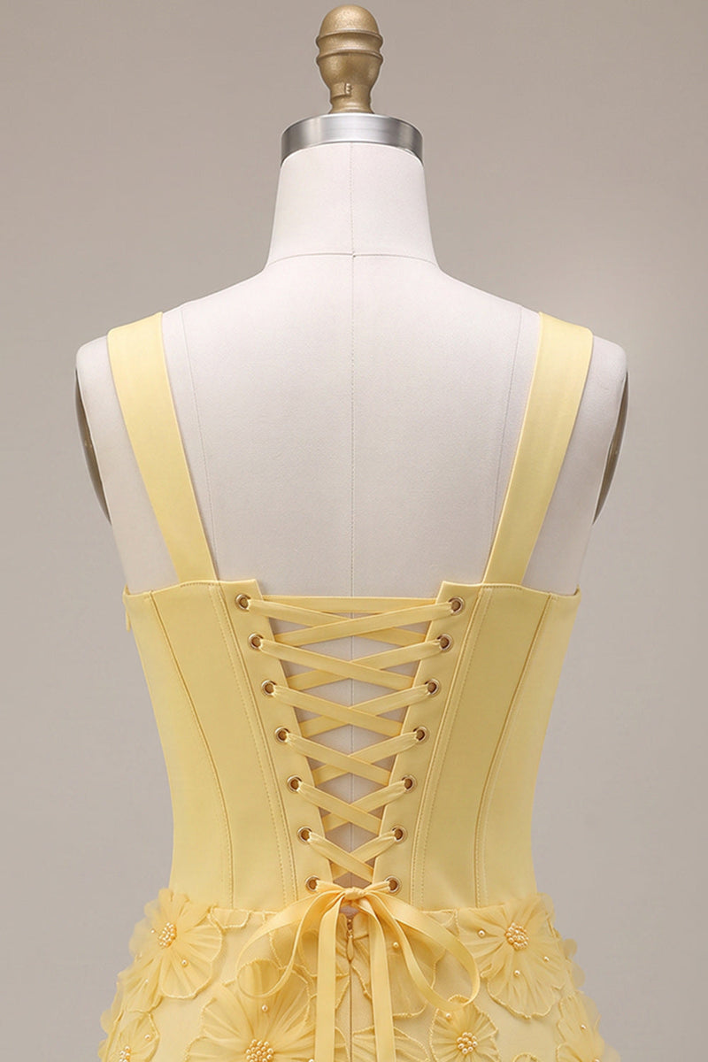 Laden Sie das Bild in den Galerie-Viewer, Hellgelbes Korsett, Perlen, Blumenapplikationen, dicke Träger, Bodycon, kurzes Homecoming-Kleid