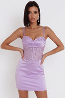 Laden Sie das Bild in den Galerie-Viewer, Flieder-Satin-Perlen-Stickerei mit Raff-Korsett-Bodycon-Kurzhaus-Heimkehr-Kleid