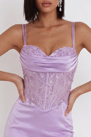 Laden Sie das Bild in den Galerie-Viewer, Flieder-Satin-Perlen-Stickerei mit Raff-Korsett-Bodycon-Kurzhaus-Heimkehr-Kleid
