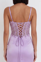 Laden Sie das Bild in den Galerie-Viewer, Flieder-Satin-Perlen-Stickerei mit Raff-Korsett-Bodycon-Kurzhaus-Heimkehr-Kleid