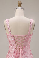 Laden Sie das Bild in den Galerie-Viewer, Glitzernde rosa Pailletten-Korsett, dicke Träger, kurzes Homecoming-Kleid mit Schleife