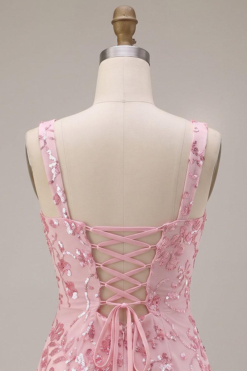 Laden Sie das Bild in den Galerie-Viewer, Glitzernde rosa Pailletten-Korsett, dicke Träger, kurzes Homecoming-Kleid mit Schleife