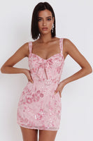 Laden Sie das Bild in den Galerie-Viewer, Glitzernde rosa Pailletten-Korsett, dicke Träger, kurzes Homecoming-Kleid mit Schleife