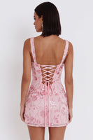 Laden Sie das Bild in den Galerie-Viewer, Glitzernde rosa Pailletten-Korsett, dicke Träger, kurzes Homecoming-Kleid mit Schleife