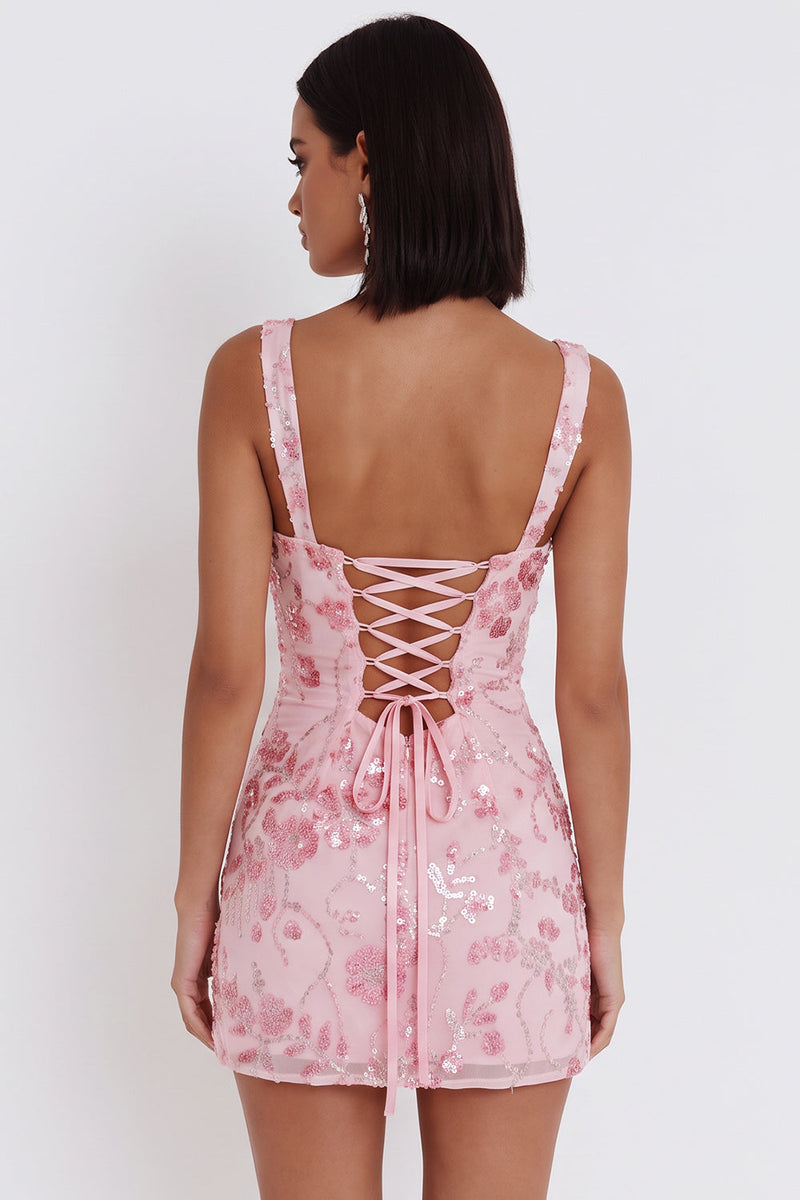 Laden Sie das Bild in den Galerie-Viewer, Glitzernde rosa Pailletten-Korsett, dicke Träger, kurzes Homecoming-Kleid mit Schleife