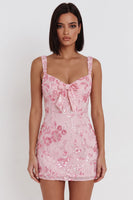 Laden Sie das Bild in den Galerie-Viewer, Glitzernde rosa Pailletten-Korsett, dicke Träger, kurzes Homecoming-Kleid mit Schleife