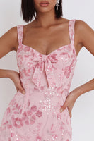 Laden Sie das Bild in den Galerie-Viewer, Glitzernde rosa Pailletten-Korsett, dicke Träger, kurzes Homecoming-Kleid mit Schleife