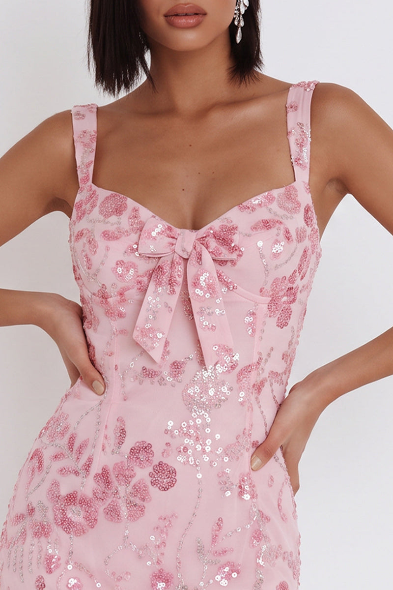 Laden Sie das Bild in den Galerie-Viewer, Glitzernde rosa Pailletten-Korsett, dicke Träger, kurzes Homecoming-Kleid mit Schleife