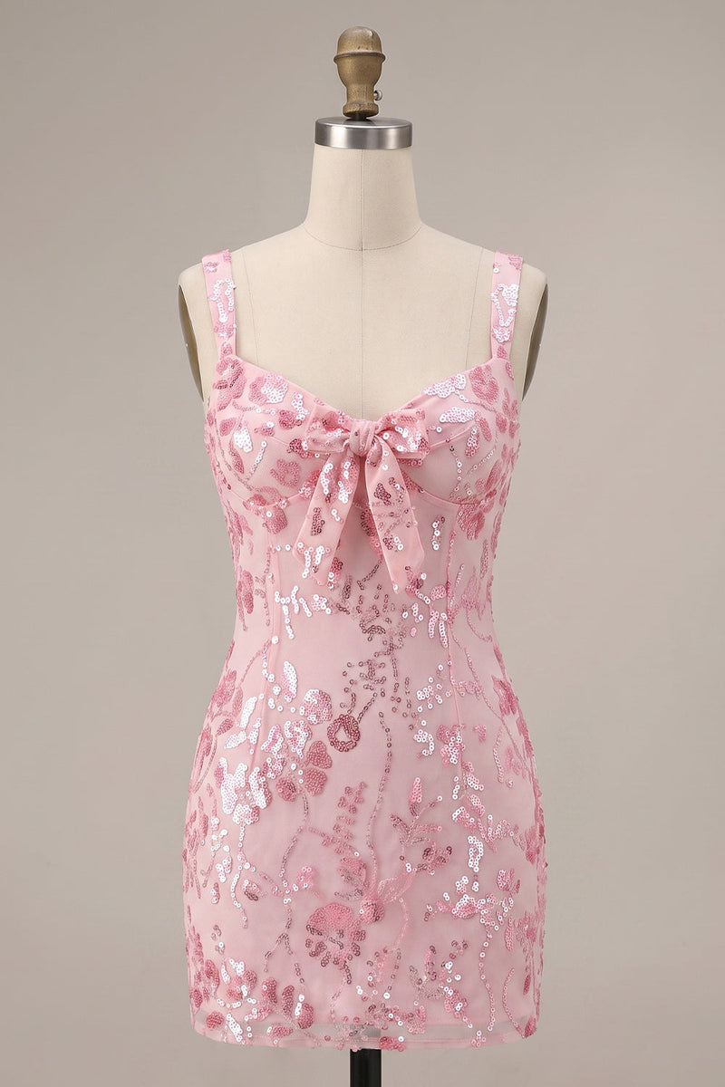 Laden Sie das Bild in den Galerie-Viewer, Glitzernde rosa Pailletten-Korsett, dicke Träger, kurzes Homecoming-Kleid mit Schleife